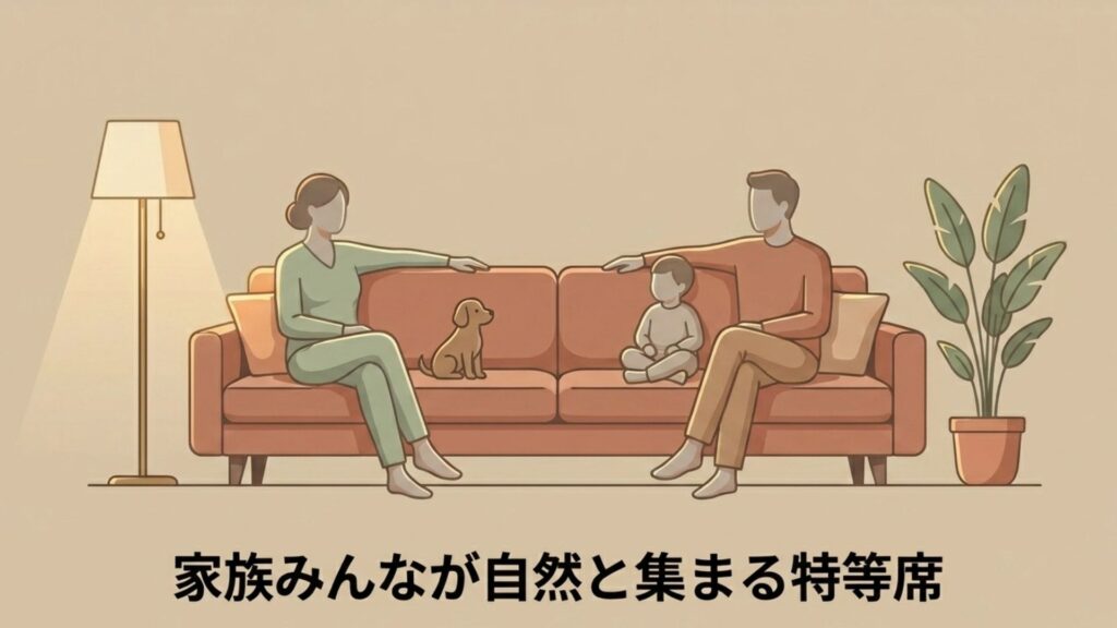 広いソファに並んで座る家族と犬のイラスト