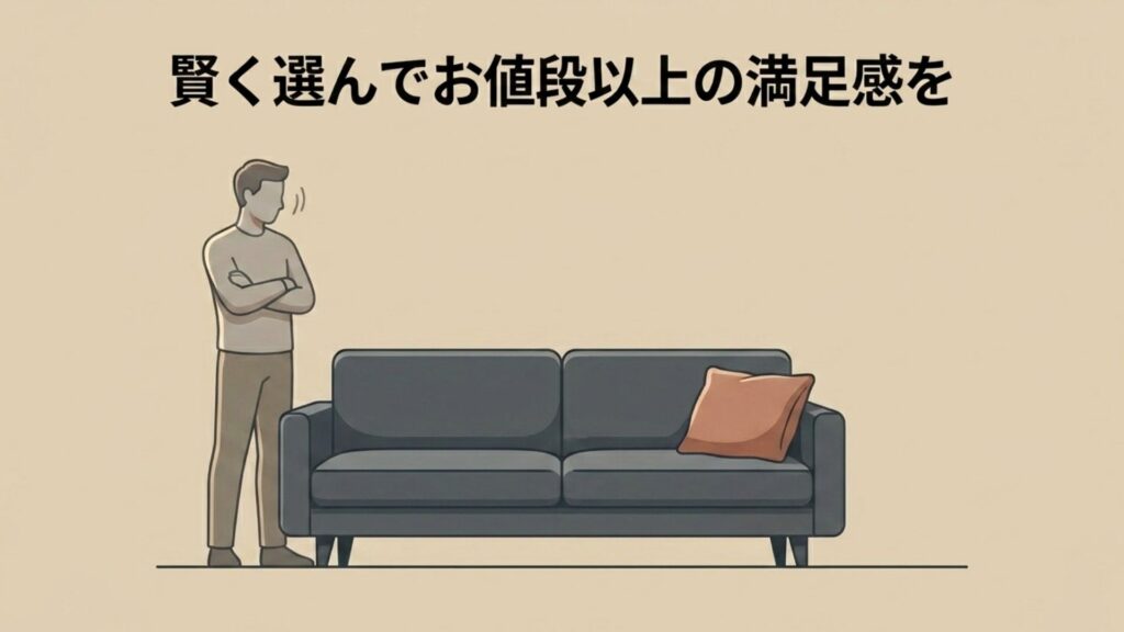 シンプルなデザインのソファを検討する男性のイラスト