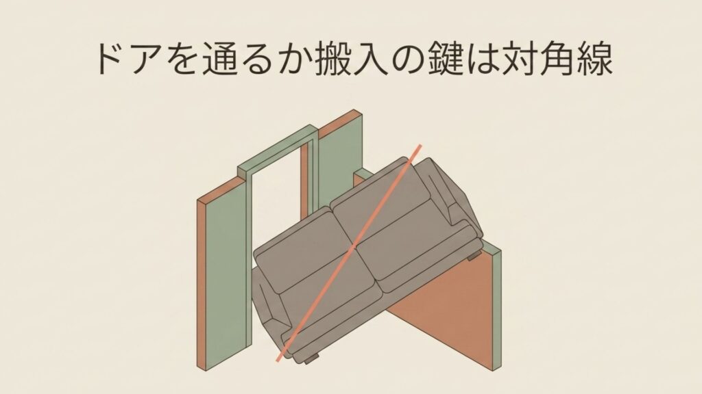 ドアを通過する際に必要となるソファの対角線を示す図解