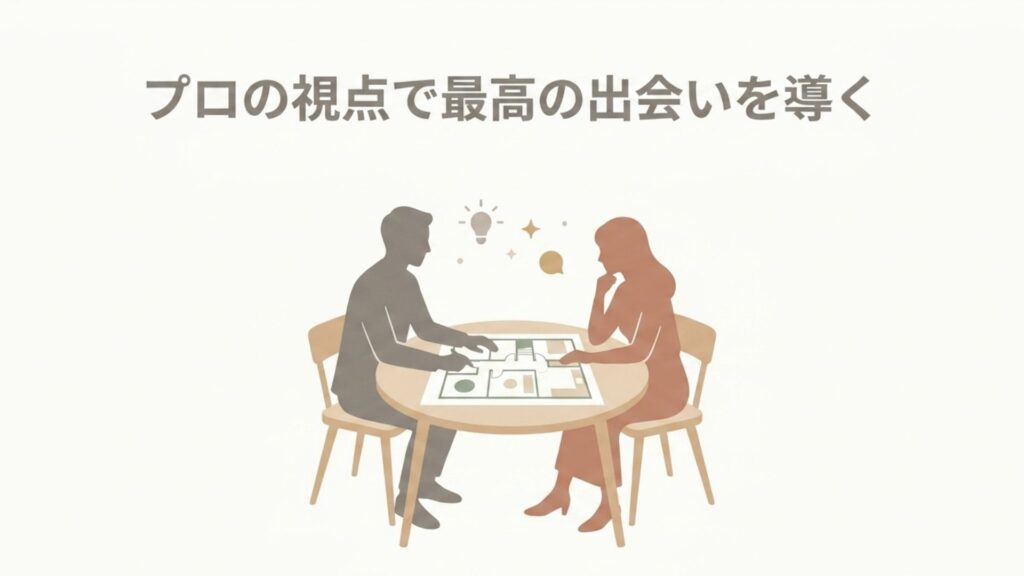 男女が丸テーブルに向かい合い、家の間取り図を見ながら家具の配置を相談しているイラスト。「プロの視点で最高の出会いを導く」の文字。