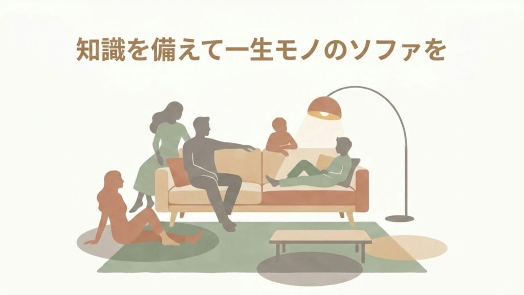 広いリビングのソファやラグの上で、家族や友人たちがそれぞれリラックスして過ごしているイラスト。「知識を備えて一生モノのソファを」の文字。