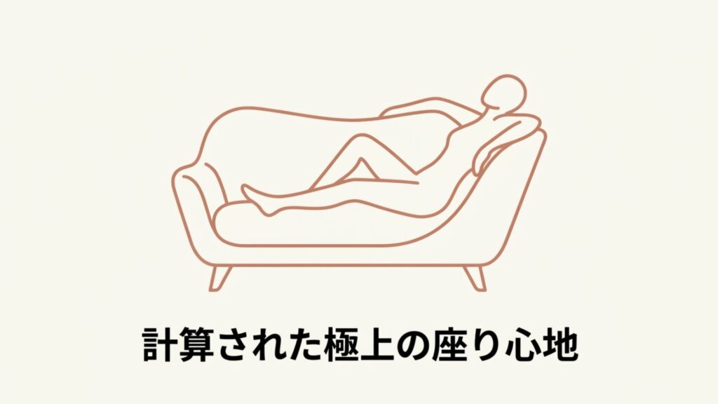 ソファで足を伸ばしてリラックスして横たわる人の線画イラスト。「計算された極上の座り心地」の文字。