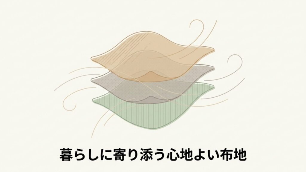 重なり合う複数のファブリック生地と、風が吹き抜けるようなイラスト。「暮らしに寄り添う心地よい布地」の文字。