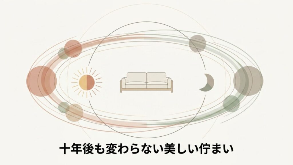「十年後も変わらない美しい佇まい」という文字と、アイラーセンの強靭な内部フレームや長寿命を表現したイメージ。