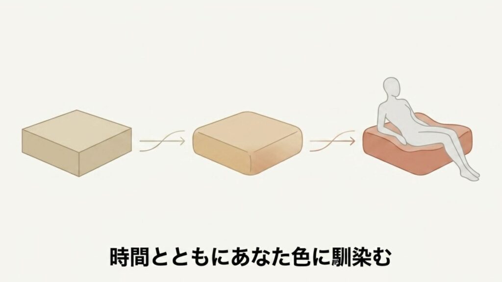 新品の角張ったクッションから、使い込まれて柔らかく体に馴染んだクッションへと変化する過程を描いたイラスト。「時間とともにあなた色に馴染む」の文字。