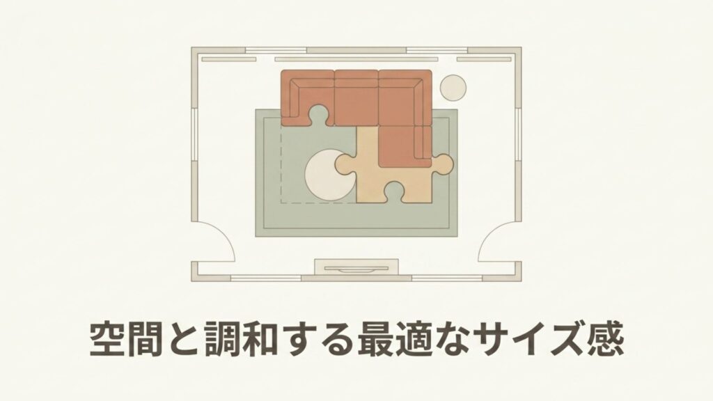 部屋の間取りに対してソファとラグがパズルのピースのように組み合わさっている俯瞰図のイラスト。「空間と調和する最適なサイズ感」の文字。