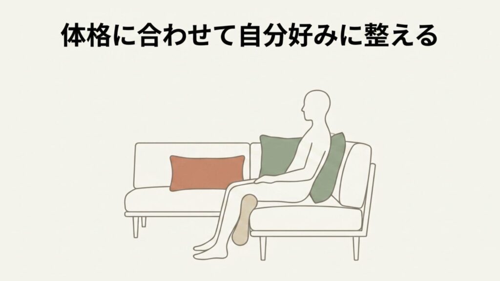ソファに座る人の背中にクッションを挟んで奥行きを調整しているイラスト。「体格に合わせて自分好みに整える」の文字。