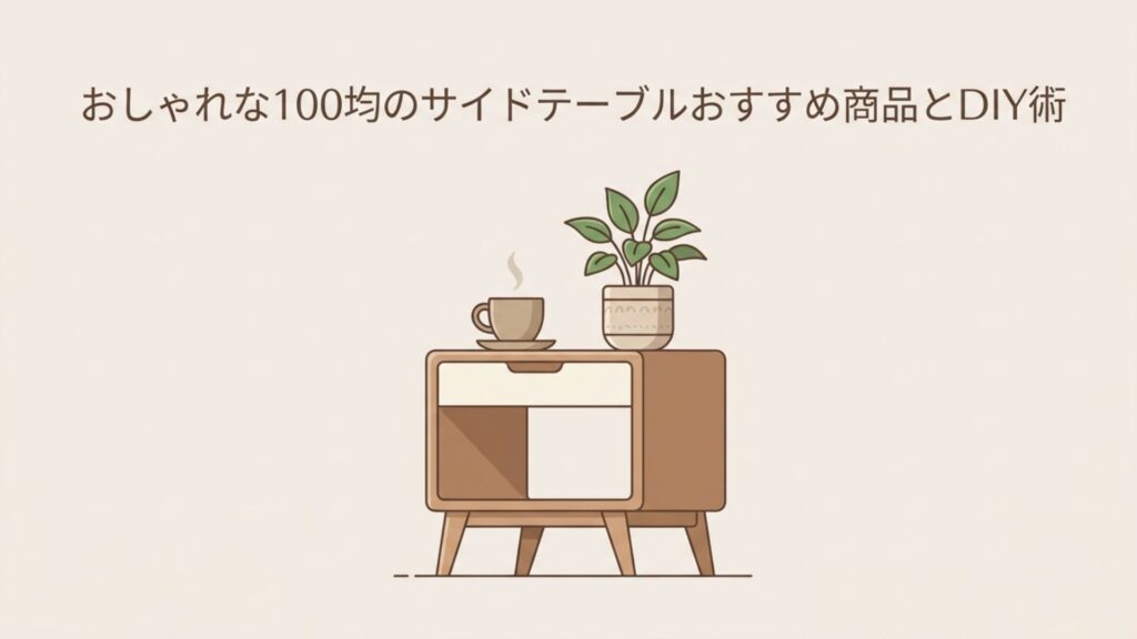 コーヒーカップと観葉植物が置かれた木製のおしゃれなサイドテーブルのイラスト