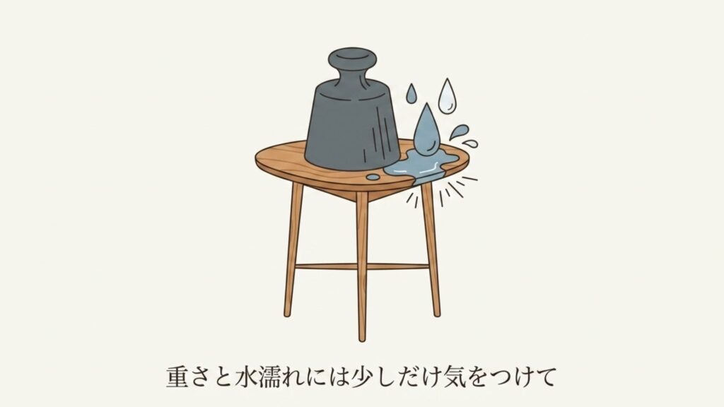 サイドテーブルの上に重い分銅が置かれ、水がこぼれてしまっている注意喚起のイラスト