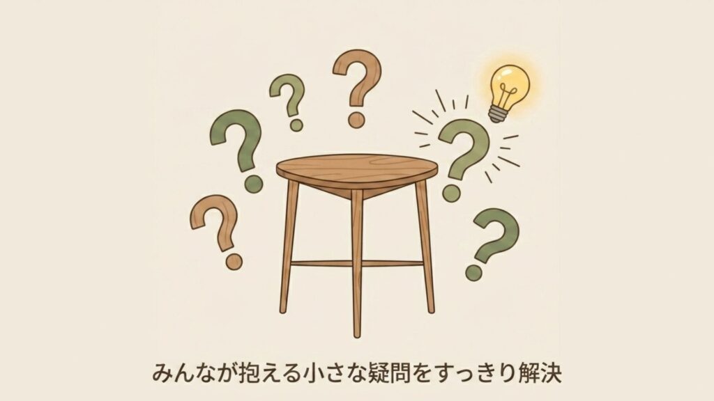 サイドテーブルの周りにハテナマークとひらめいた電球が浮かんでいる、疑問解決をイメージしたイラスト