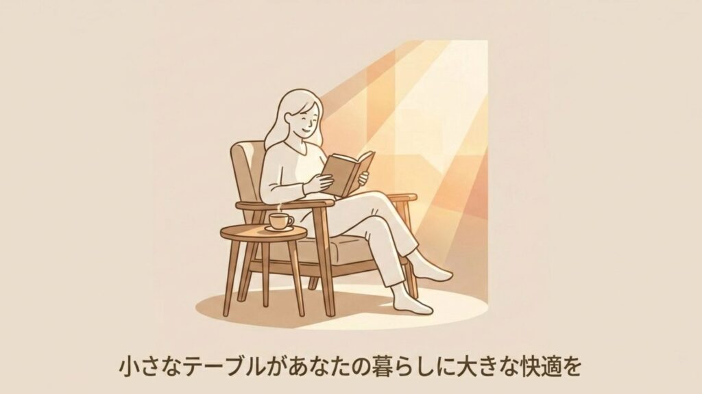 サイドテーブルに温かい飲み物を置き、椅子に座ってリラックスしながら読書を楽しむ女性のイラスト