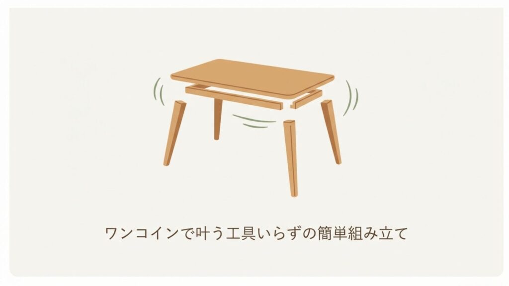 工具を使わずに木製の脚を天板にはめ込んで組み立てているテーブルのイラスト