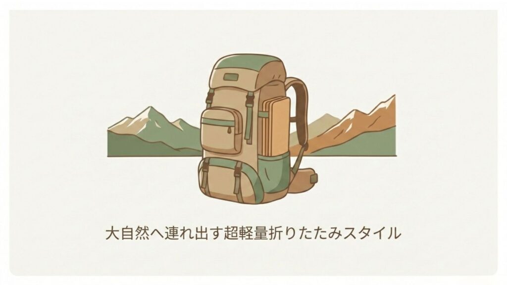 自然の風景を背景に置かれた、サイドポケットに折りたたみテーブルを収納したアウトドア用リュックサックのイラスト