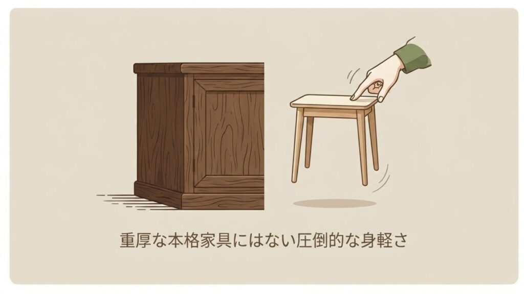 重厚な本格家具と比較して、軽くて身軽に持ち運べるテーブルのイメージ