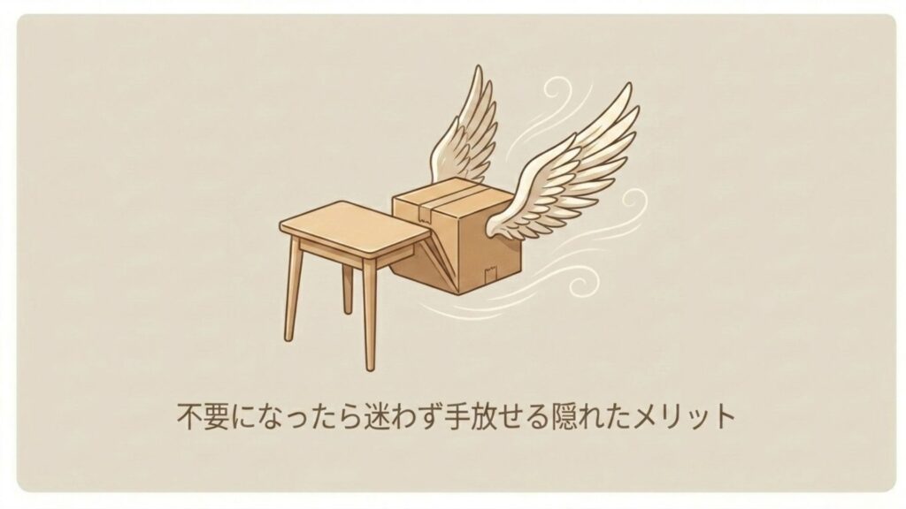 羽が生えた段ボール箱とサイドテーブルが飛んでいくイラストで、手放す際の手軽さを表現