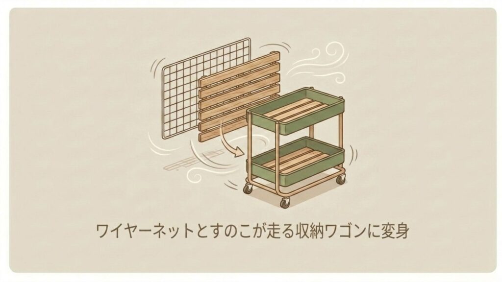 ワイヤーネットとすのこを組み合わせて、キャスター付きの収納ワゴンを作るDIY手順のイラスト