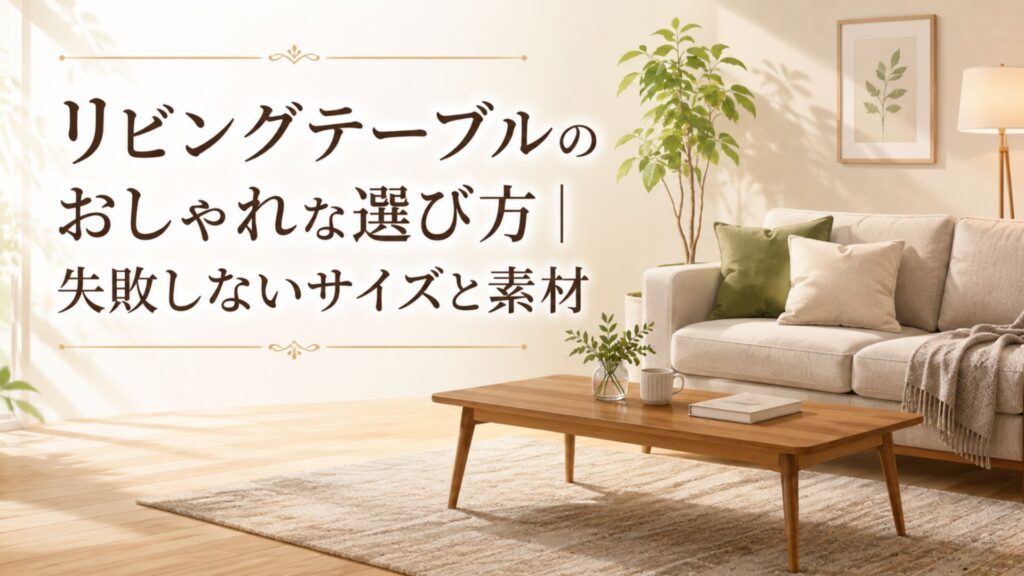 ソファとリビングテーブルを配置した、おしゃれさと使いやすさをイメージしたリビング空間のイラスト