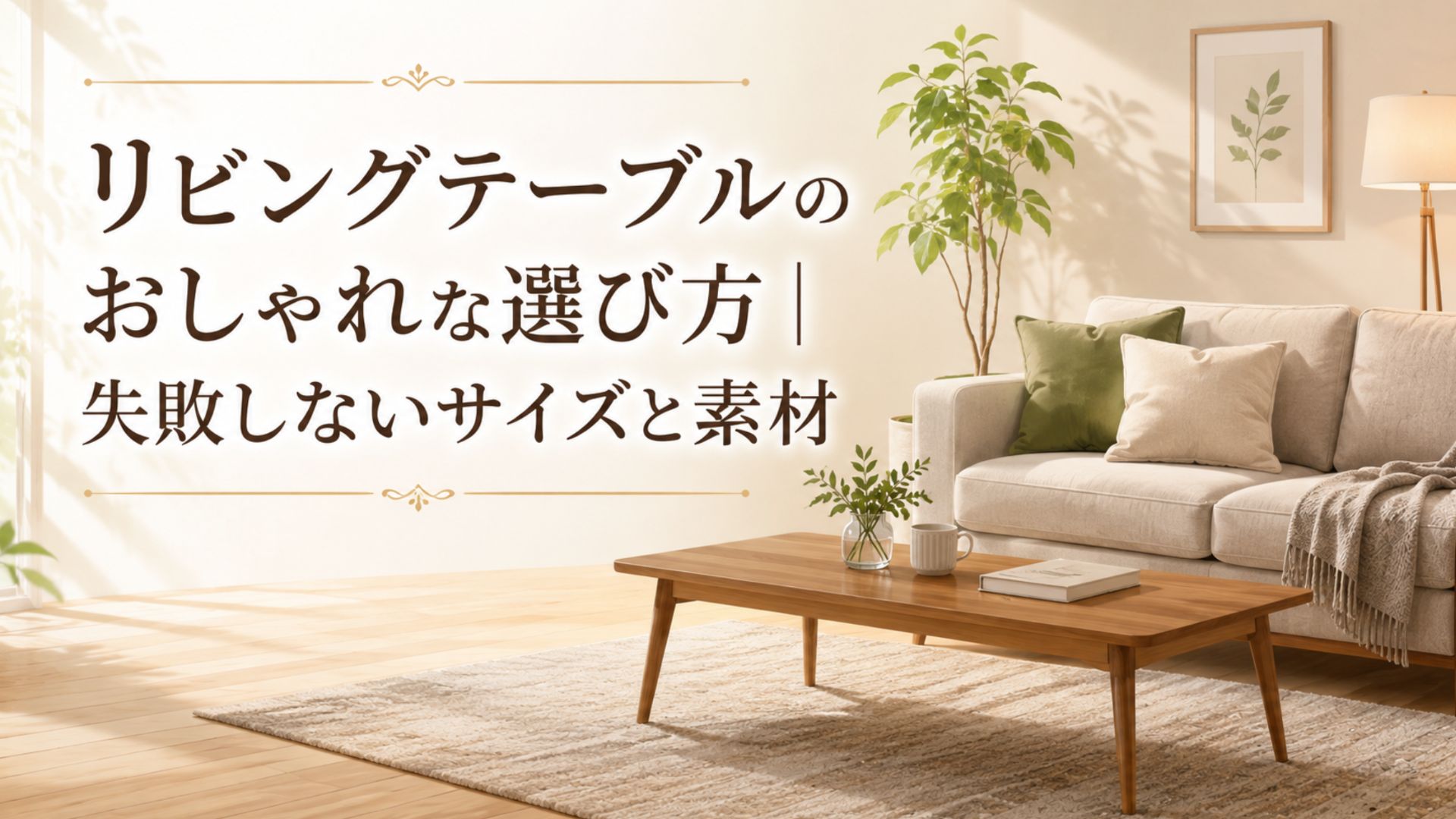 ソファとリビングテーブルを配置した、おしゃれさと使いやすさをイメージしたリビング空間のイラスト